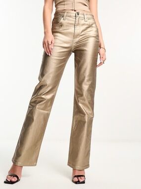ASOS Designs Gold Metallic Coated Slim Straight-Leg High-Rise Jeans - Size 28